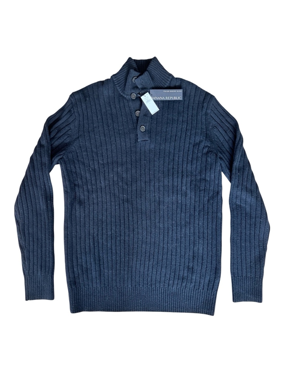 NWT Banana Republic Large Italian Merino Wool Ribbed Button Mock Neck Sweater